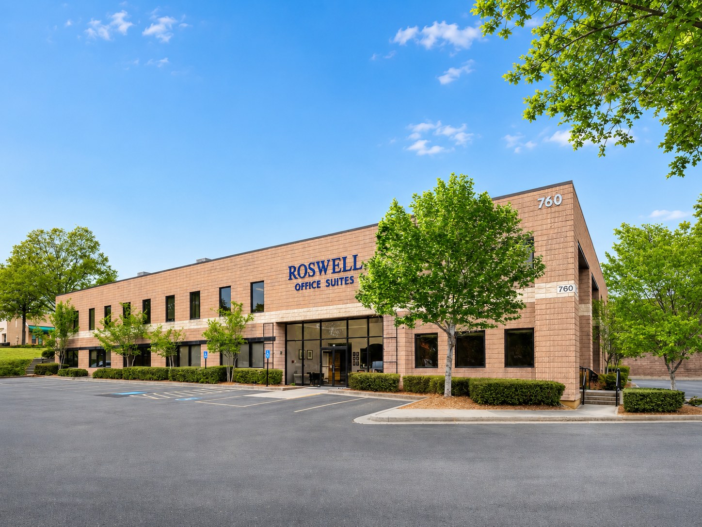 Roswell Office Suites building at 760 Old Roswell Road in Roswell, GA, with the front entrance, signage, and parking visible